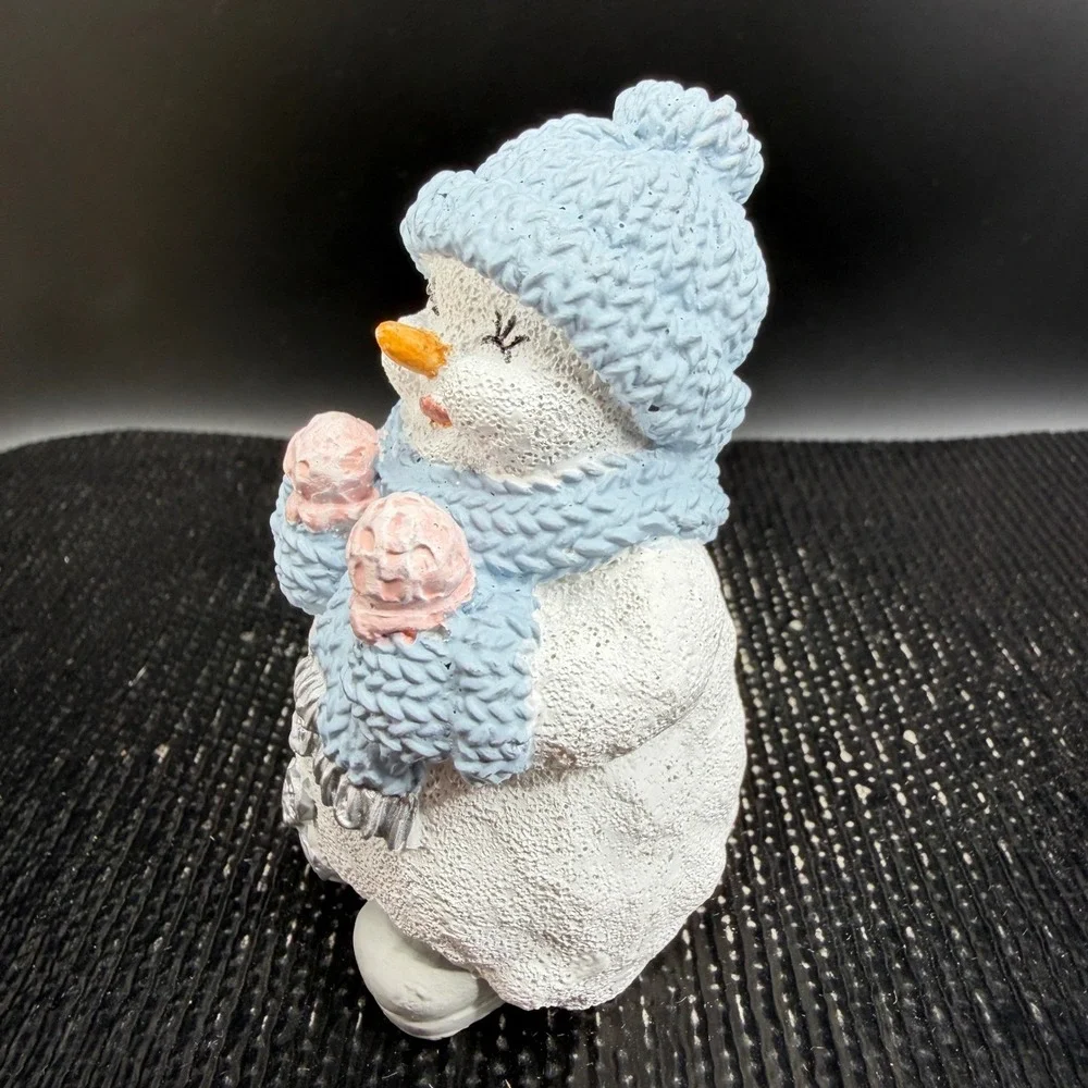 Encore Snow Buddies Snowman Figurine Blue Knit Hat Scarf Pink Mittens Winter